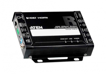 Удлинитель-передатчик ATEN HDMI HDBase-T+VGA+AUDIO+RS232+IR, 100 метр,, 1xUTP Cat5e, HDMI+3-контак,клемма+MINIJACK+RCA+RJ45, F, без шнуров, DC 5,3V, (макс,разр,4096x2160/3840x2160 60Hz 4:2:0/30Hz 4:4:4 70м Cat5e/6;100м Cat6a/1080p 100м Cat 5e/6/6a) V VE2812R-AT-G