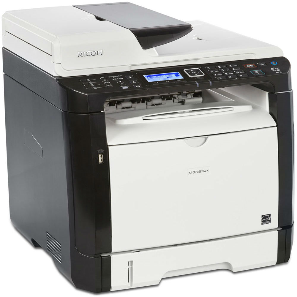 МФУ Ricoh SP 377SFNwX, лазерный A4, 28 стр/мин, 1200x1200 dpi, 128 Мб, ADF, дуплекс, подача: 300 лист., вывод: 50 лист., Ethernet, USB, Wi-Fi, NFC, ЖК-панель (cтарт.к-ж 6400 стр), 408156 408156
