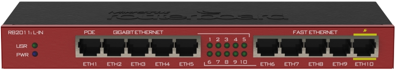 Маршрутизатор Mikrotik  RouterBOARD 2011iL with Atheros 74K MIPS CPU, 64MB RAM, 5xLAN, 5XGbit LAN, RouterOS L4, desktop case, PSU  RB2011IL-IN RB2011IL-IN