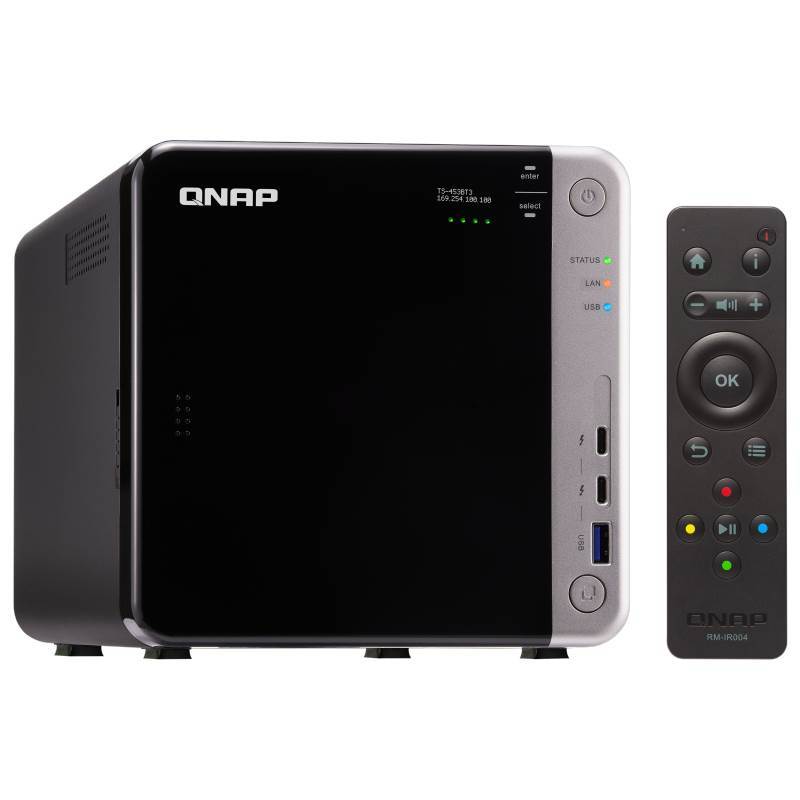 Сетевой RAID-накопитель QNAP 4 отсека для HDD, 2 HDMI-порта, 1x10 GbE BASE-T, 2xThunderbolt 3, Intel Celeron J3455 1,5 ГГц, 8 ГБ TS-453BT3-8G TS-453BT3-8G