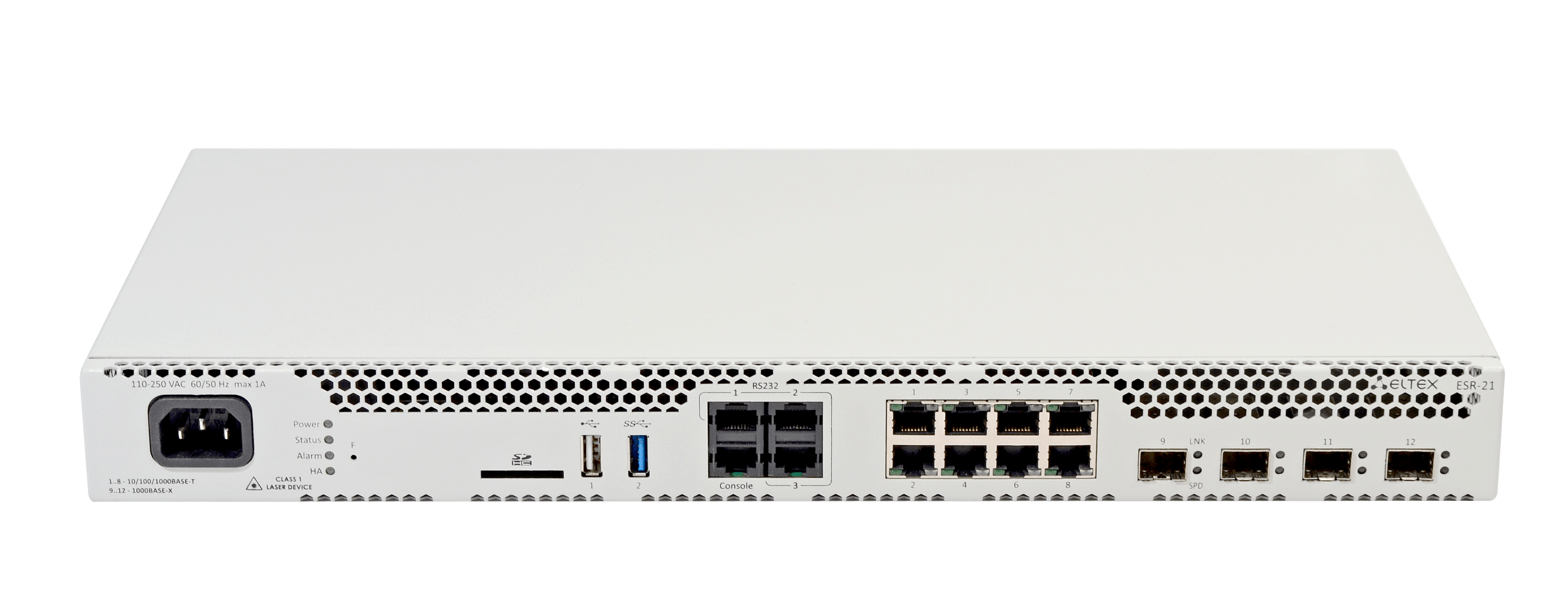 Маршрутизатор Eltex  ESR-21: 8хEthernet 10/100/1000 Base-T; 4хEthernet 10/100/1000 Base-X (SFP); 1xRS-232 (RJ-45); 3xSerial (RS-232); 2 порта USB2.0 E ESR-21