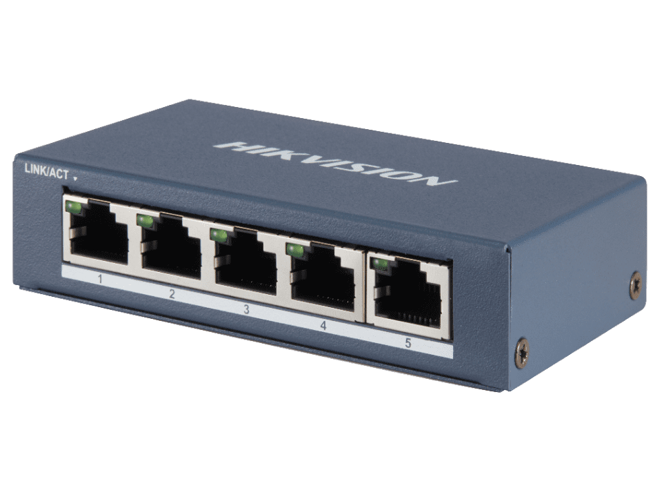 PoE коммутатор Hikvision DS-3E0505-E неуправляемый 5 RJ45 1000M (8й-Uplink порт); таблица MAC адресов на 2000 записей; пропускная способность 16Гб/с; 5VDC, 1A; 0 °C...+40°C. DS-3E0505-E DS-3E0505-E