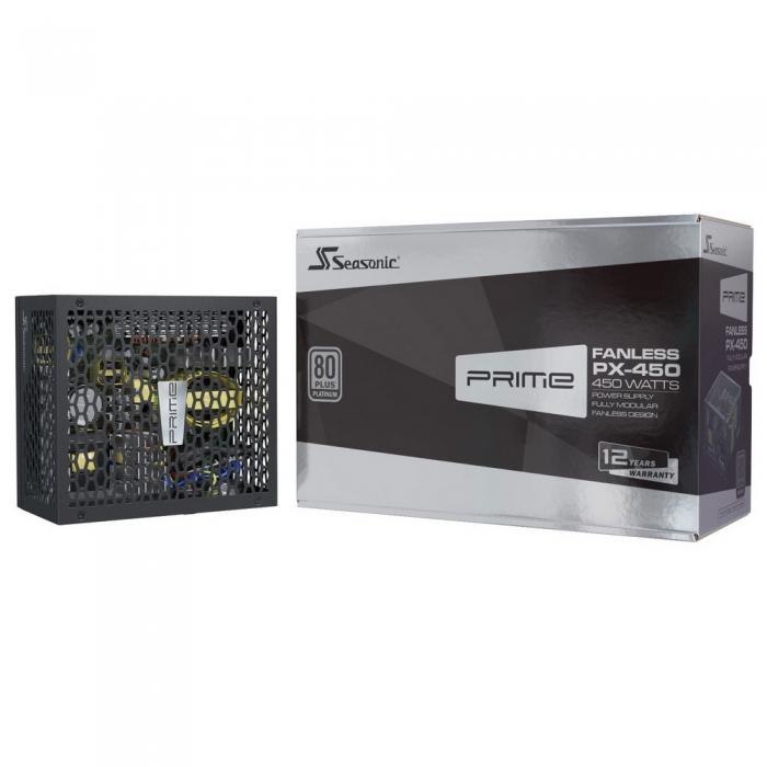 Блок питания Seasonic PRIME Fanless PX-450 Active PFC 0.99; Модульный, МВ (20+4), 1xCPU(4+4),2xPCI-E(6+2),8xSATA,3xMolex,1xMolex to SATA 3.3 Adapter,DC to DC, 50-60 Гц, защиты OPP/OVP/UVP/ OCP/OTP/SCP, MTBF>150000 ч SSR-450PL SSR-450PL
