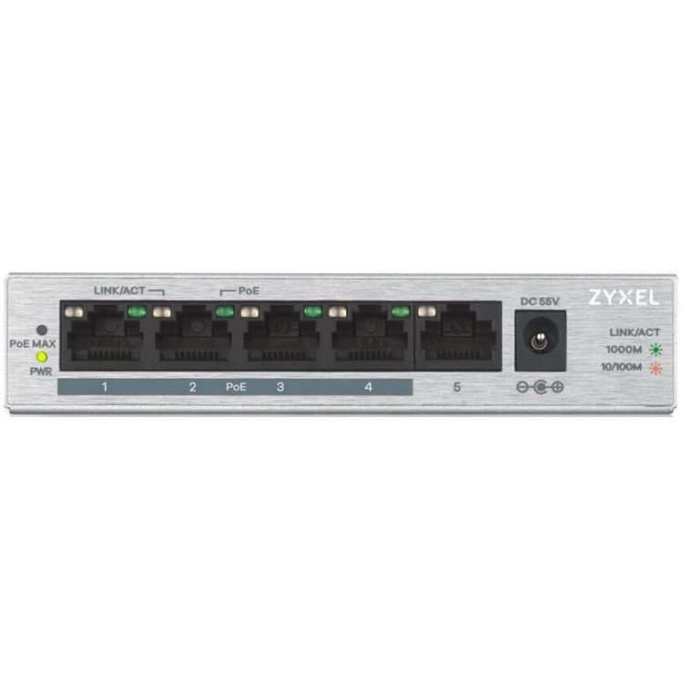 Коммутатор ZYXEL 5xGE (4xPoE+), настольный, металлический, бесшумный, бюджет PoE 60 Вт GS1005HP GS1005HP