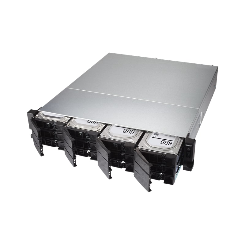 Сетевой RAID-накопитель QNAP 12-Bay (12x 2.5"/3.5" SATA HDD/SSD), Intel Xeon E-2124 4-core 3.3 GHz (up to 4.3 GHz), 8GB DDR4 ECC RAM (2 x 4GB) up to 64 GB ( 4 x 16 GB),  4x GbE LAN, 2 x 10GbE SFP+, rackmount 2U, 2xPSU. W/o rail kit RAIL-B02 TS-1283XU TS-1283XU-RP-E2124-8G