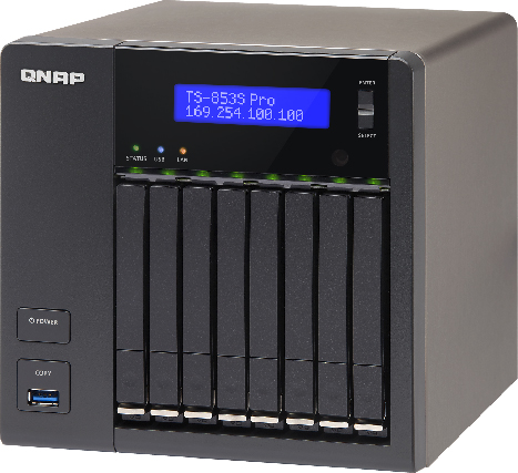 Сетевой RAID-накопитель QNAP 8 отсеков для HDD 2,5", HDMI-порт. Четырехъядерный Intel Celeron J1900 2,0 ГГц, 4ГБ. TS-853S Pro TS-853S Pro