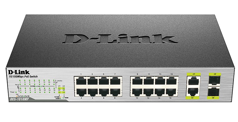 Коммутатор D-Link с 16 портами 10/100BASE-TX с поддержкой PoE +2 комбо-порта 10/100/1000BASE-T/SFP DES-1018MP DES-1018MP