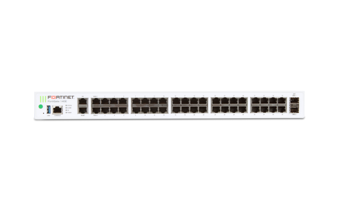Межсетевой экран Fortinet FortiGate-140E 40 x GE RJ45 (including 36 x switch ports, 1 x MGMT port, 1x HA port, 2 x WAN ports), 2 x GE SFP DMZ slots. Max managed FortiAPs (Total / Tunnel) 64 / 32 FG-140E FG-140E