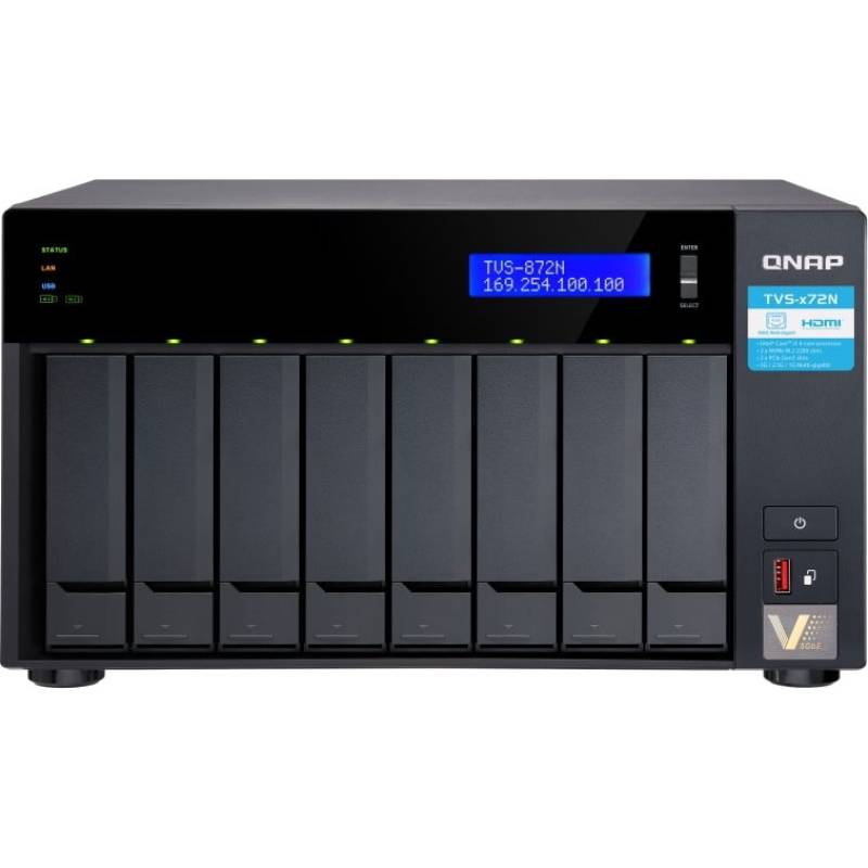 Сетевой RAID-накопитель QNAP 8-Bay 2.5"/3.5" SATA HDD/SSD + 2x M.2 PCIe  SSD slot, Intel Core  i3-8100T 4-core 3.1 GHz Processor,8GB DDR4 RAM (2 x 4 GB) max 32 GB (2 x 16 GB), 2xGbE LAN, 1x5GbE TVS-872N-i3-8G TVS-872N-i3-8G