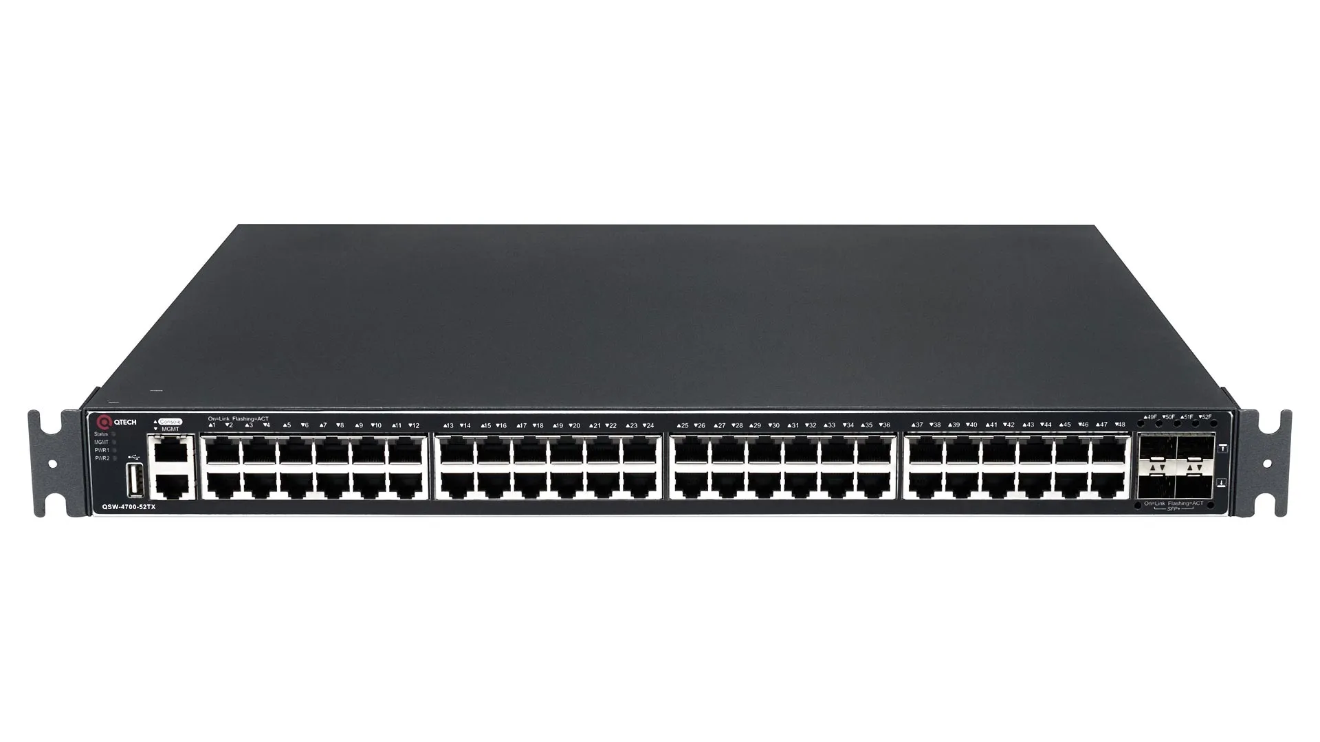 Коммутатор Qtech  L3, 48 портов 10/100/1000 BASE-T, 4 порта 10GbE SFP+, 4K VLAN, 32K MAC адресов,  консольный порт, 1 MGMT порт, 1 порт USB 2.0 (на передней панели), 2 сменных БП (поставляются отдельно), разъем питания QSW-4700-52TX QSW-4700-52TX #2
