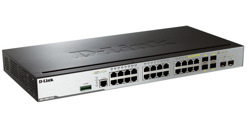 Коммутатор D-Link  L2 Managed Switch with 20 100/1000Base-X SFP ports and 4 100/1000Base-T/SFP combo-ports and 2 10GBase-X SFP+ ports. DGS-3000-26TC/A2A DGS-3000-26TC/A2A