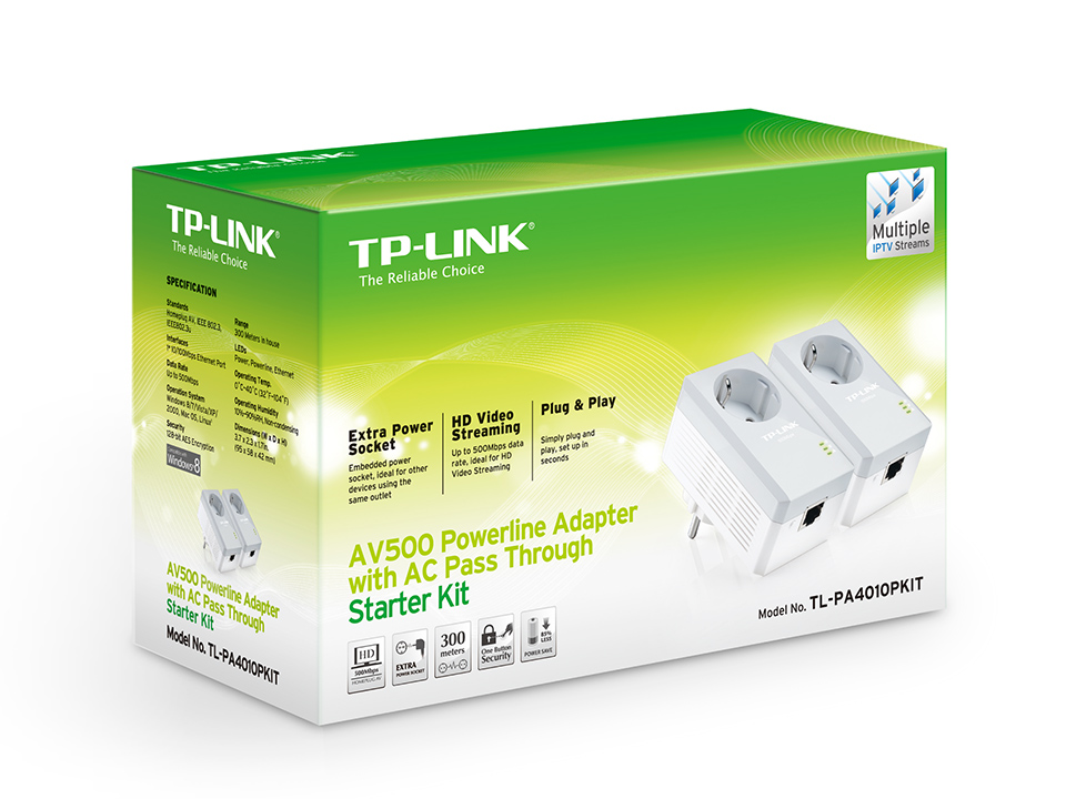 Адаптер TP-Link AV500 со встроенной электророзеткой, 500 Мбит/с Powerline, 2*Ethernet, 2 устройства в комплекте TL-PA4020PKIT TL-PA4020PKIT