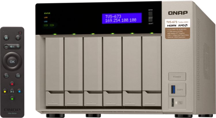 Сетевой RAID-накопитель QNAP 6 отсеков для HDD, 2 слота M.2 SSD, 2 HDMI-порта. AMD RX-421BD 2,1 ГГц (до 3,4 ГГц ), 64 ГБ DDR4 TVS-673-64G TVS-673-64G