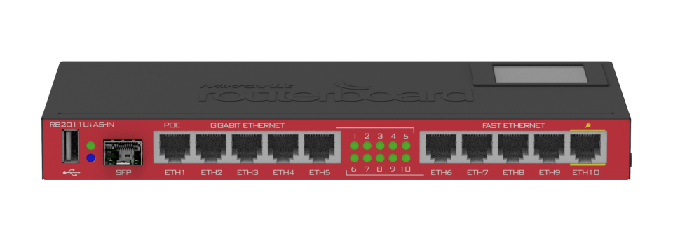 Маршрутизатор Mikrotik  Desktop metal case, 5xEthernet, 5xGigabit Ethernet, USB, LCD, PoE out on port 10, 600MHz CPU, 128MB RAM, RouterOS L5 RB2011UiAS-IN RB2011UiAS-IN