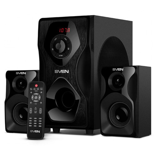 Колонки Sven MS-2055, чёрный, 2.1, мощность (RMS):30Вт + 2x12.5 Вт, FM-тюнер, USB/SD, дисплей, пульт ДУ, Bluetooth SV-016609 SV-016609