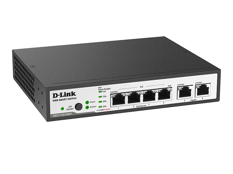 Коммутатор D-Link L2 Smart Switch with 4 10/100Base-TX ports and 2 10/100/1000Base-T (4 PoE ports 802.3af/802.3at (30 W), PoE Budget 80 W) DES-1100-06MP/A1A DES-1100-06MP/A1A