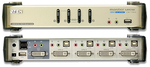 KVM переключатель ATEN DVI+KBD+MOUSE, 1> 4 блока/порта USB, c KVM-шнурами USB 4х1.8 м CS1784A-AT-G CS1784A-AT-G