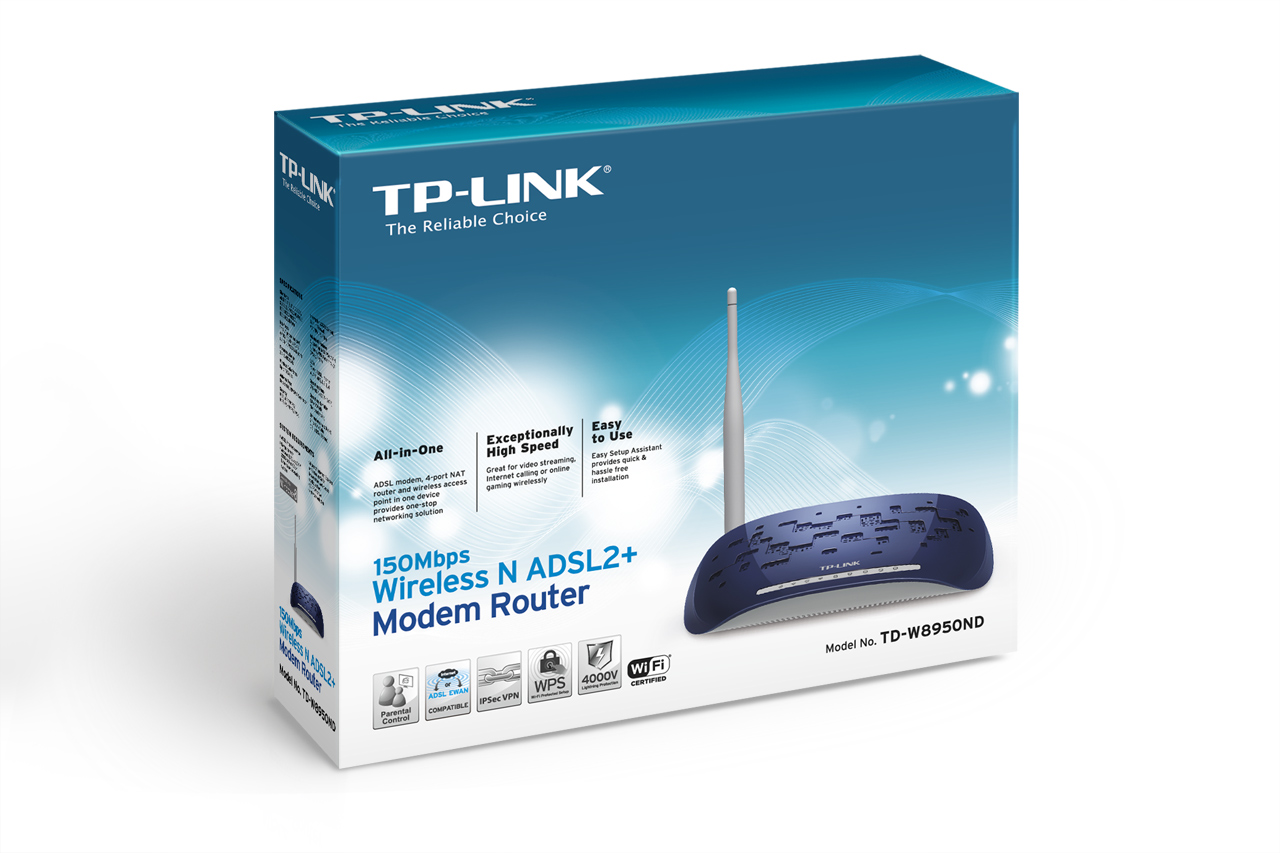 Маршрутизатор TP-Link 150n, со встроенным модемом ADSL2+, Annex A, ADSL-сплиттер, 802.11n/g/b, 4*10/100 TD-W8950ND TD-W8950ND