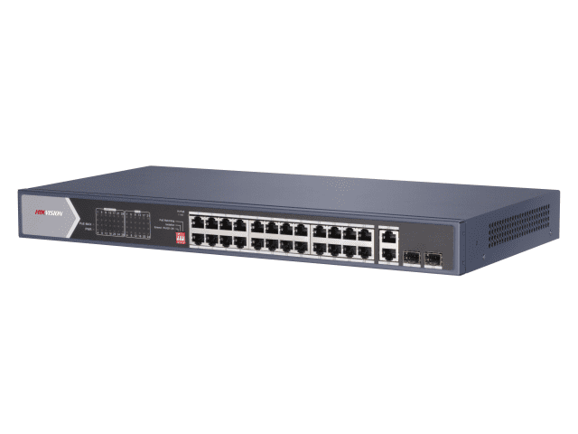 PoE коммутатор Hikvision DS-3E0528HP-E неуправляемый 20 RJ45 1000M с грозозащитой 6кВ; 2 RJ45 1000M Ethernet ,4 1000M  порт поддерживает HiPoE 60Вт,2 1000М SFP порта; бюджет PoE 370Вт;  поддержка режима передачи до 300м DS-3E0528HP-E DS-3E0528HP-E