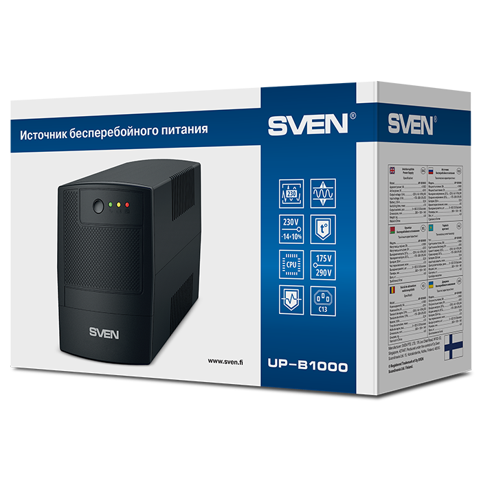 Источник бесперебойного питания Sven UP-B1000, 510Вт,вх~175-290В,вых.~230В,3 *IEC(C13) розетки, ABS пластик, черный SV-018726 SV-018726