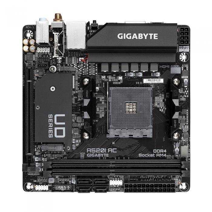 Материнская плата Gigabyte , Socket AM4, AMD A520, 2xDDR4-3200, HDMI+HDMI+DP, 1xPCI-Ex16, 4xSATA3(RAID 0,1,10), 1xM.2, 8 Ch Audio, GLan, WiFi, (2+2)xUSB2.0, (4+2)xUSB3.2, Mini-ITX, RTL A520I AC A520I AC
