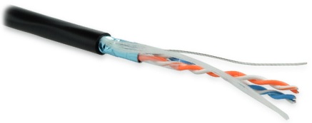 Кабель Hyperline (500 м) витая пара, экранированная F/UTP, категория 5, 2 пары (24 AWG), одножильный, экран - фольга, с металлическим тросом, внешний, PE, -40°C–+60°C, черный FUTP2-C5-S24-OUT-PE-BK-500 FUTP2-C5-S24-OUT-PE-BK-500