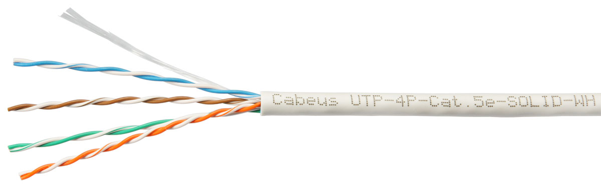 Кабель витая пара Cabeus UTP-4P-Cat.5e-SOLID-WH UTP (U/UTP), категория 5e, 4 пары 0,51мм (24 AWG), одножильный, белый (305 м) UTP-4P-Cat.5e-SOLID-WH UTP-4P-Cat.5e-SOLID-WH