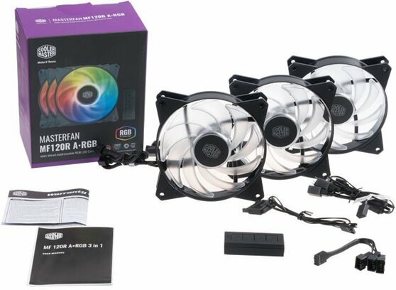 Вентилятор Cooler Master MasterFan MF120R ARGB 3-in-1 SET - MF120R ARGB, 3x120mm PWM addressable RGB Fan, Balance between airflow and static pressure, 650~2000 RPM, 4 Pins, rubber pad on conrners as damper, 1x addressable RGB controller is included w R4-120R-203C-R1