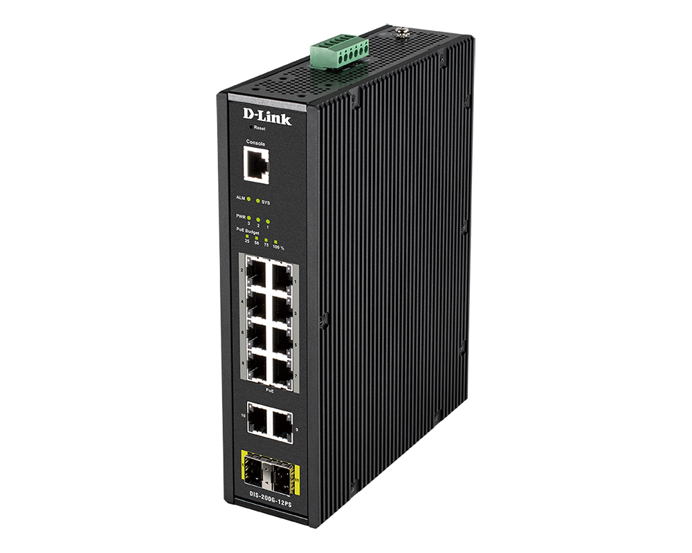 Коммутатор D-Link L2 Managed Industrial Switch with 10 10/100/1000Base-T and 2 1000Base-X SFP ports (8 PoE ports 802.3af/802.3at (30 W), PoE Budget 123 W) DIS-200G-12PS/A1A DIS-200G-12PS/A1A