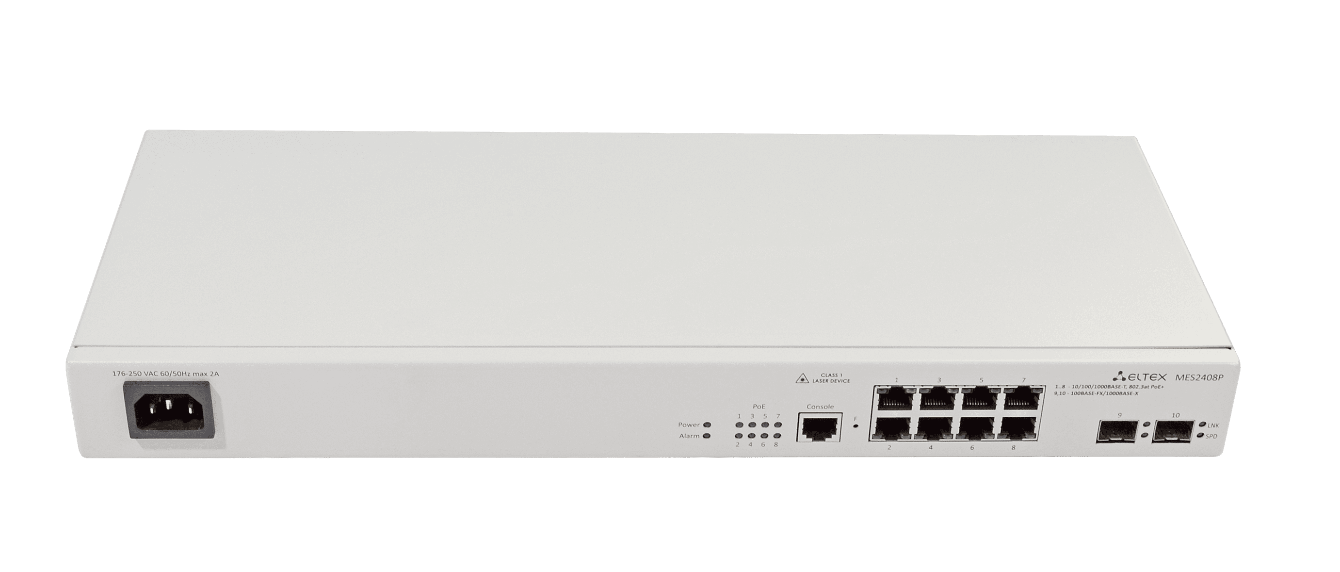 Коммутатор Eltex 8 портов 10/100/1000 Base-T (PoE/PoE+), 2 порта 100Base-FX/1000Base-X (SFP), 220V AC MES2408P MES2408P