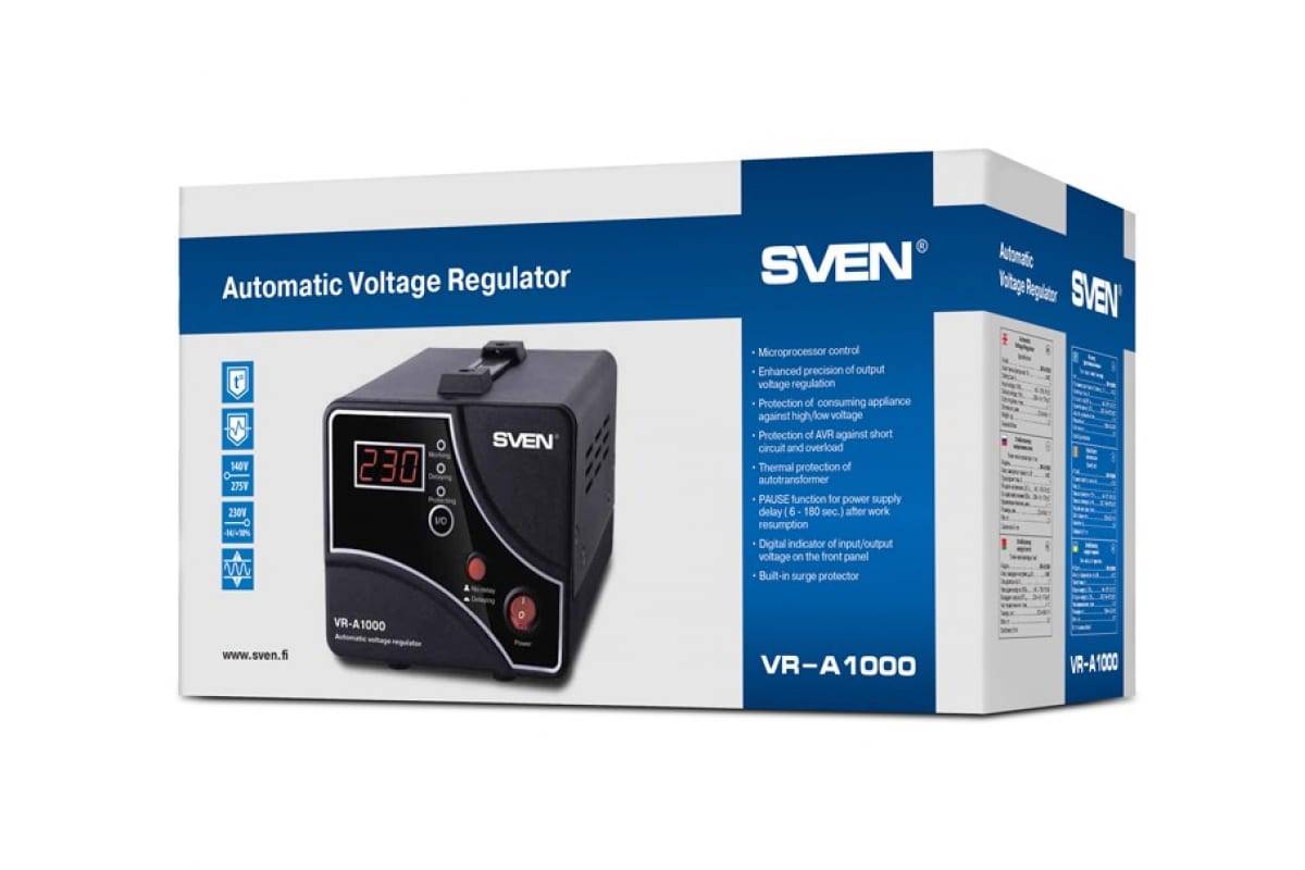 Автоматический стабилизатор напряжения Sven VR-A1000(600Вт,Входное 140-275В, 1*CEE7/4 розетка, Выходное 230В, черный металл. корпус) SV-014407 SV-014407