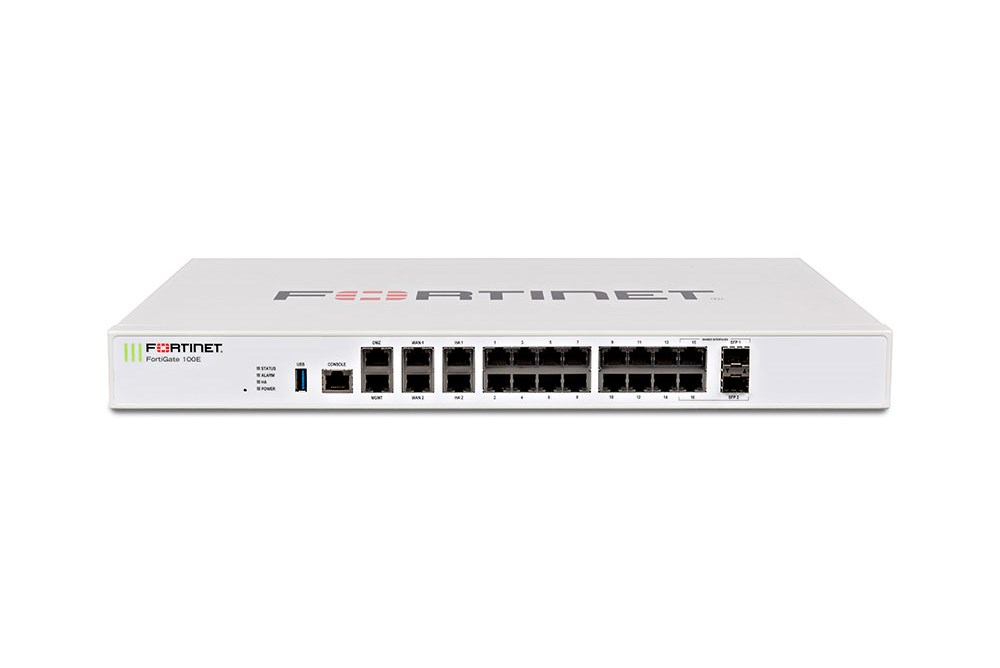Межсетевой экран Fortinet FortiGate-100E 20 x GE RJ45 ports (including 2 x WAN ports, 1 x DMZ port, 1 x Mgmt port, 2 x HA ports, 14 x switch ports), 2 x Shared Media pairs (Including 2 x GE RJ45 ports, 2 x SFP slots). Max managed FortiAPs (Total / Tu FG-100E