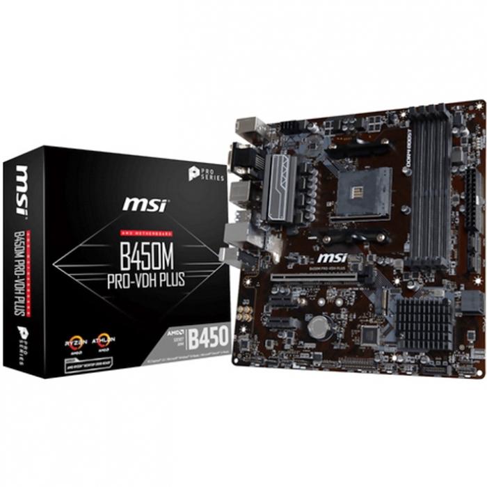 Материнская плата MSI , Socket AM4, AMD®B450, 4xDDR4-2667, 1xPCI-Ex16x, 2xPCI-Ex1x, D-SUB+DVI-D+HDMI, 4xSATA3(RAID 0/1/10), 1xM.2, 8 Ch Audio, GLan, (4+4)xUSB2.0, (4+2)xUSB3.1, 1xPS/2, mATX, RTL B450M PRO-VDH PLUS B450M PRO-VDH PLUS
