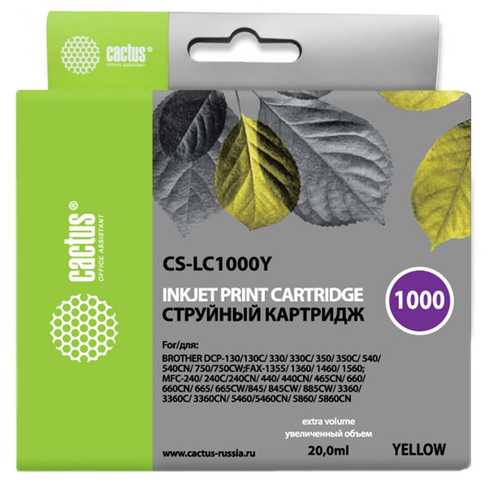 Картридж Cactus струйный CS-LC1000Y желтый для Brother DCP 130C/330С/MFC-240C/5460CN (20мл) CS-LC1000Y CS-LC1000Y