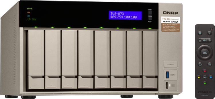 Сетевой RAID-накопитель QNAP 8 отсеков для HDD, 2 слота M.2 SSD, 2 HDMI-порта. AMD RX-421BD 2,1 ГГц (до 3,4 ГГц ), 64 ГБ DDR4 TVS-873-64G TVS-873-64G
