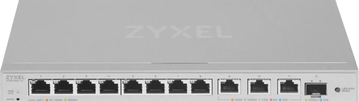 Коммутатор Zyxel  Мультигигабитный Smart L2  XGS1210-12, 8xGE, 2x1/2,5GE, 2xSFP+, настольный, бесшумный XGS1210-12-ZZ0102F XGS1210-12-ZZ0102F