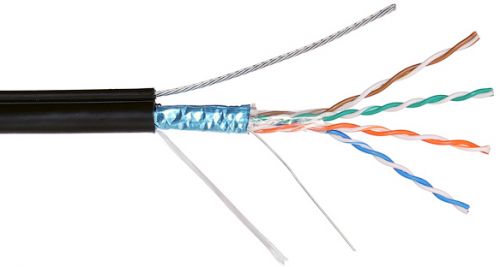 Кабель NIKOLAN F/UTP 4 пары, Кат.5e (Класс D), 100МГц, 24AWG (0,50мм), внеш, до -60С, трос (7x0,41мм), черн, 500м NKL 4905B-BK NKL 4905B-BK