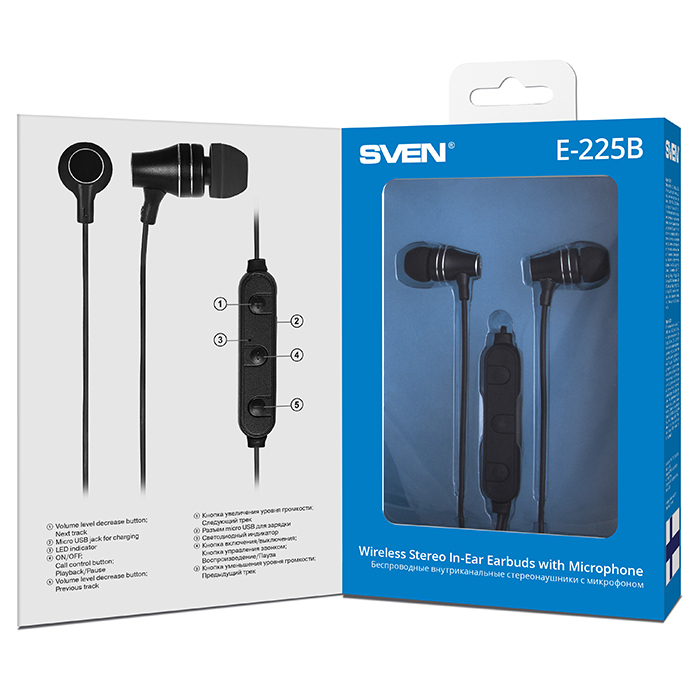 Наушники Sven беспроводные внутриканальные  с микрофоном E-225B, черный (Bluetooth) SV-016791 SV-016791