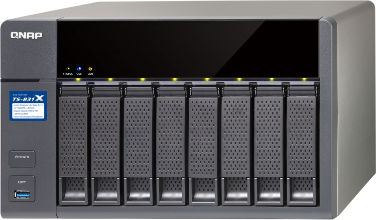 Сетевой RAID-накопитель QNAP 8 отсеков для HDD, два порта 10 GbE SFP+. Cortex-A15 AnnapurnaLabs 1,4 ГГц , 16 ГБ. TS-831X-16G TS-831X-16G