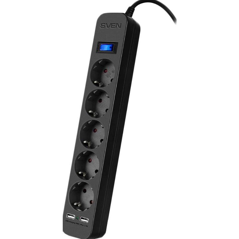 Сетевой фильтр Sven SF-05LU 3 м 5 евро розеток,2*USB(2,4А) черный SV-018849 SV-018849