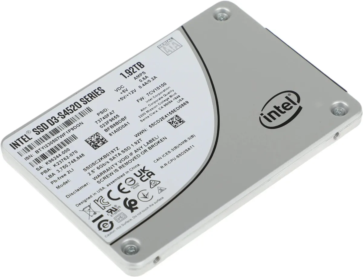 Накопитель SSD Intel D3-S4520 1.92TB SSD 2.5", SATA 3, 550/510, IOPS 91K/38K, MTBF 2M, TLC 8.8PBW SSDSC2KB019TZ01 SSDSC2KB019TZ01