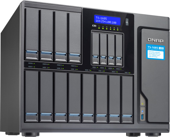 Сетевой RAID-накопитель QNAP 12 отсеков 3,5", 4 отсека 2,5", 6 портов M.2, 2 порта 10 GbE BASE-T. Intel Xeon D-1531 2,2 ГГц, 64 ГБ DDR4 TS-1685-D1531-64G TS-1685-D1531-64G