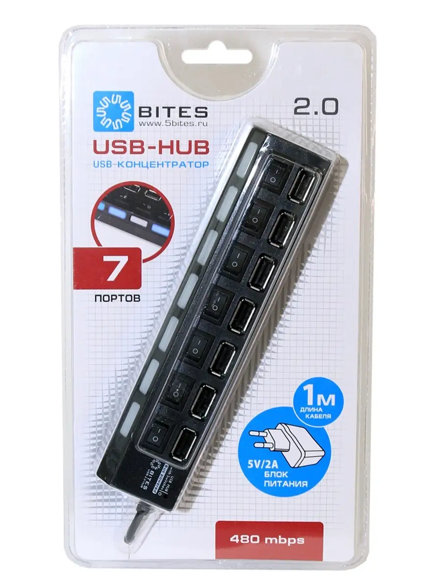 Концентратор USB 5bites БП 5В-2А / 1M / BLACK, 7*USB2.0 HB27-203PBK HB27-203PBK