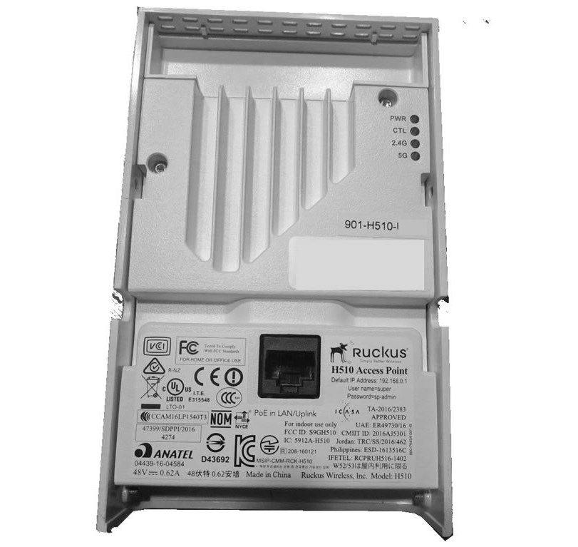 Коммутатор Ruckus  802.11ac Wave 2 dual-band concurrent 2.4 GHz & 5 GHz, Wired/Wireless Wall Switch, BeamFlex+, 1 10/100/1000 & 4 10/100 Ethernet Access Ports, POE in, PoE out (one port), USB port. Does not include DC power supply.  901-H510-WW00 901-H510-WW00