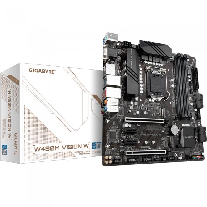 Материнская плата Gigabyte , Socket 1200, Intel®W480, 4xDDR4-2933, D-SUB+HDMI+DP+DP, 2xPCI-Ex16, 2xPCI-Ex1, 8xSATA3(RAID 0/1/5/10), 2xM.2, 8Ch Audio, 1xGLan, 1x2,5GLan, (0+4)xUSB2.0, (6+2)xUSB3.2, 1xPS/2, mATX, RTL, W480M VISION W W480M VISION W