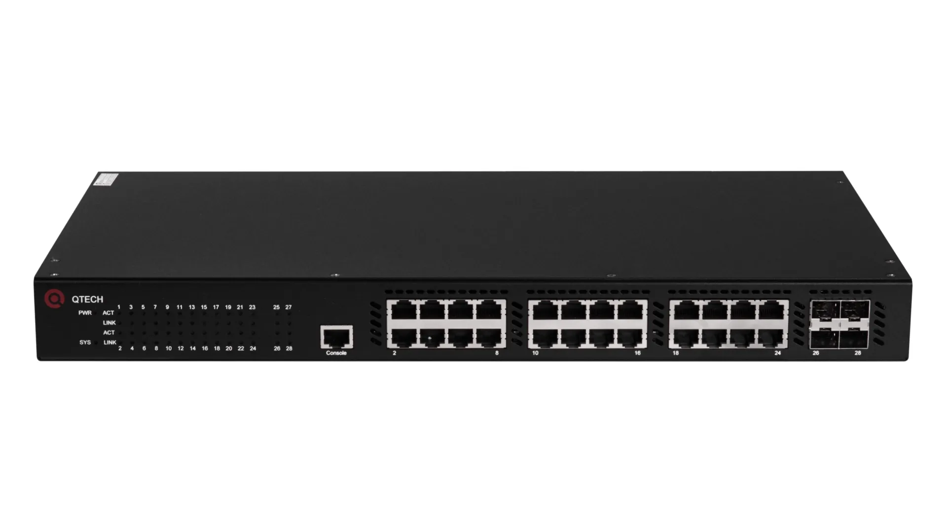 Коммутатор Qtech  L3, 24 порта 10/100/1000BASE-T, 4 порта 10GbE SFP+, 4K VLAN, 16K MAC адресов, консольный порт, встроенный БП разъем питания на задней панели, 100-240В AC, размеры ШхГхВ (435x240x44 мм) QSW-3310-28TX-AC QSW-3310-28TX-AC