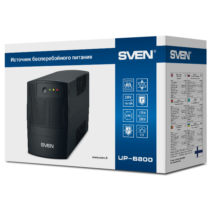 Источник бесперебойного питания Sven UP-B800, 390Вт,вх~175-290В,вых.~230В,3 *IEC(C13) розетки, ABS пластик, черный SV-018719 SV-018719