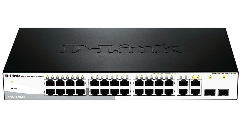 Коммутатор D-Link L2 Smart Switch with 24 10/100Base-TX ports and 2 10/100/1000Base-T ports and 2 100/1000Base-T/SFP combo-ports DES-1210-28/C1A DES-1210-28/C1A