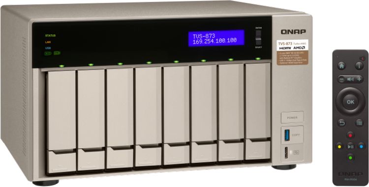 Сетевой RAID-накопитель QNAP 8 отсеков для HDD, 2 слота M.2 SSD, 2 HDMI-порта. AMD RX-421BD 2,1 ГГц (до 3,4 ГГц ), 64 ГБ DDR4 TVS-873-64G TVS-873-64G