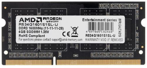 Модуль памяти AMD 4GB Radeon™ DDR3L 1600 SO DIMM R5 Entertainment Series Black Non-ECC, CL11, 1.35V, Retail (182460) R534G1601S1SL-U R534G1601S1SL-U